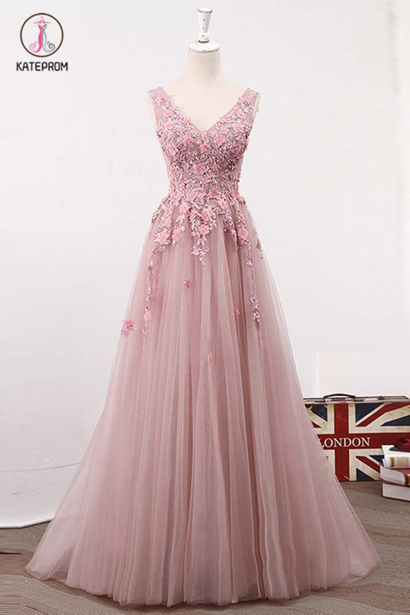 A Line V Neck Sleeveless Tulle Long Prom Dress with Flowers, Cheap Party Prom Dress KPP0699