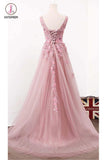 A Line V Neck Sleeveless Tulle Long Prom Dress with Flowers, Cheap Party Prom Dress KPP0699