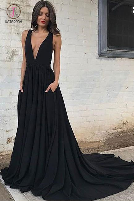 Sexy Deep V Neck Black Evening Dress, Simple Ruched Prom Dresses with Train KPP0701