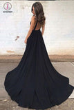 Sexy Deep V Neck Black Evening Dress, Simple Ruched Prom Dresses with Train KPP0701