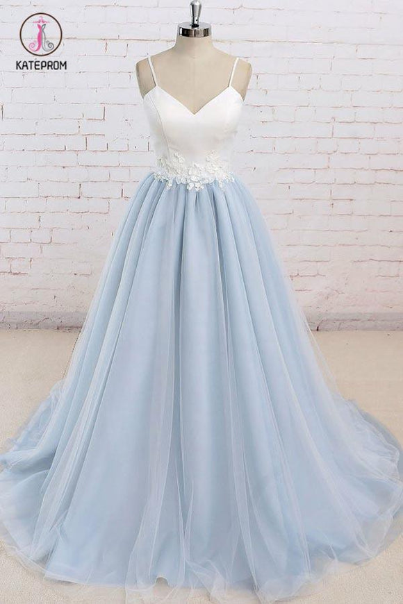 Spaghetti Strap Light Blue Prom Dress with Appliques, Floor Length Tulle Prom Gown KPP0703