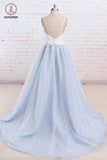 Spaghetti Strap Light Blue Prom Dress with Appliques, Floor Length Tulle Prom Gown KPP0703