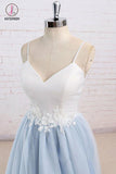 Spaghetti Strap Light Blue Prom Dress with Appliques, Floor Length Tulle Prom Gown KPP0703