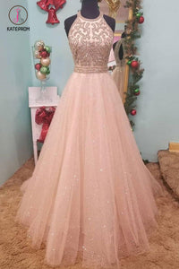 Floor Length Jewel Sleeveless Prom Dress with Beading, Sparkly Tulle Party Dress KPP0704