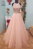 Floor Length Jewel Sleeveless Prom Dress with Beading, Sparkly Tulle Party Dress KPP0704