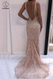 Sexy Deep V Neck Backless Prom Dress with Beading, Sparkly Sleeveless Evening Dress KPP0707