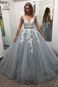 Gray V Neck Long Prom Dress for Teens, Puffy Appliqued Prom Dresses with Beading KPP0709