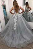 Gray V Neck Long Prom Dress for Teens, Puffy Appliqued Prom Dresses with Beading KPP0709