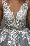 Gray V Neck Long Prom Dress for Teens, Puffy Appliqued Prom Dresses with Beading KPP0709