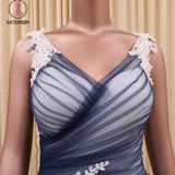 Ball Gown V Neck Dark Blue Tulle Prom Dress with Applique, Puffy Long Quinceanera Dress KPP0710