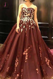 Strapless Rust Red Evening Gown Sleeveless Long Prom Dress with Appliques KPP0712