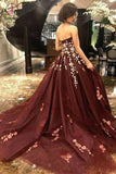 Strapless Rust Red Evening Gown Sleeveless Long Prom Dress with Appliques KPP0712