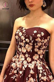 Strapless Rust Red Evening Gown Sleeveless Long Prom Dress with Appliques KPP0712