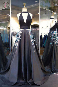 Black Halter Backless Evening Dress Deep V Neck Prom Gown with Appliques KPP0713