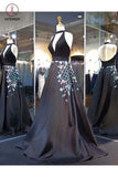 Black Halter Backless Evening Dress Deep V Neck Prom Gown with Appliques KPP0713