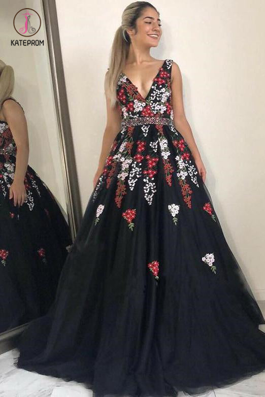 Stunning V-Neck Black Evening Dress with Appliques Beading Sleeveless Long Prom Dress KPP0716