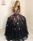 Stunning V-Neck Black Evening Dress with Appliques Beading Sleeveless Long Prom Dress KPP0716