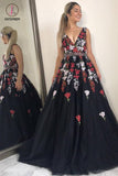 Stunning V-Neck Black Evening Dress with Appliques Beading Sleeveless Long Prom Dress KPP0716