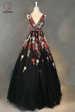 Stunning V-Neck Black Evening Dress with Appliques Beading Sleeveless Long Prom Dress KPP0716