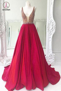 Sparkly Deep V Neck Fuchsia Long Prom Dress with Beading, A Line Sleeveless Party Dress KPP0718