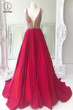 Sparkly Deep V Neck Fuchsia Long Prom Dress with Beading, A Line Sleeveless Party Dress KPP0718