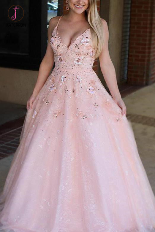 Spaghetti Straps Pink Prom Dress with Appliques Beading Formal Gown KPP0719