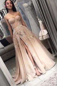 A Line Sweetheart Prom Dresses with Side Slit, Long Appliques Party Dresses KPP0720