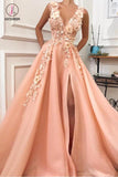 A Line V-neck Long Tulle Split Evening Gown Dresses with Flowers, Long Graduation Dress KPP0724