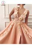 A Line V-neck Long Tulle Split Evening Gown Dresses with Flowers, Long Graduation Dress KPP0724