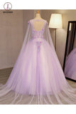 Unique Lilac Tulle Long Ball Gown Evening Dress with Flowers, Puffy Quinceanera Dresses KPP0728