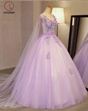 Unique Lilac Tulle Long Ball Gown Evening Dress with Flowers, Puffy Quinceanera Dresses KPP0728