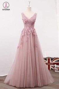 Blush Pink Elegant V Neck Tulle Prom Dresses, A Line Appliques Evening dresses with Flowers KPP0729