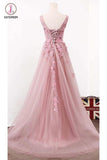 Blush Pink Elegant V Neck Tulle Prom Dresses, A Line Appliques Evening dresses with Flowers KPP0729