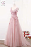 Blush Pink Elegant V Neck Tulle Prom Dresses, A Line Appliques Evening dresses with Flowers KPP0729