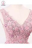 Blush Pink Elegant V Neck Tulle Prom Dresses, A Line Appliques Evening dresses with Flowers KPP0729