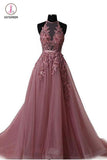 A Line Cheap Halter Tulle Prom Dress with Appliques, Long Party Dress with Rhinestones KPP0730