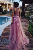 A Line Cheap Halter Tulle Prom Dress with Appliques, Long Party Dress with Rhinestones KPP0730