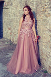 A Line Cheap Halter Tulle Prom Dress with Appliques, Long Party Dress with Rhinestones KPP0730