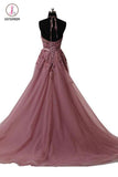 A Line Cheap Halter Tulle Prom Dress with Appliques, Long Party Dress with Rhinestones KPP0730