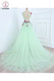 A Line Mint Green Sleeveless Tulle Formal Dress with Appliques, Long Tulle Prom Dress KPP0731