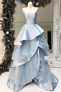 Baby Blue Layered Long A Line Evening Dress, Sweetheart Senior Prom Dress KPP0733