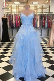 Spaghetti Straps Long Ruffles Lace Applique Evening Dress, Tulle Prom Dress For Teens KPP0734