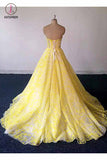 Yellow Lace Strapless Long Graduation Dress, Sweetheart Prom Dress For Teens KPP0735