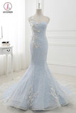 Baby Blue Sweep Train Lace Mermaid Evening Dresses, Formal Dress With Applique KPP0738