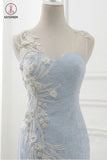 Baby Blue Sweep Train Lace Mermaid Evening Dresses, Formal Dress With Applique KPP0738