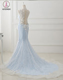 Baby Blue Sweep Train Lace Mermaid Evening Dresses, Formal Dress With Applique KPP0738