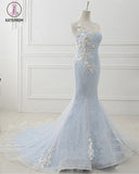 Baby Blue Sweep Train Lace Mermaid Evening Dresses, Formal Dress With Applique KPP0738