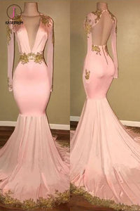 Mermaid V-neck Brush Train Long Sleeves Applique Prom Dresses, Backless Senior Dress KPP0739