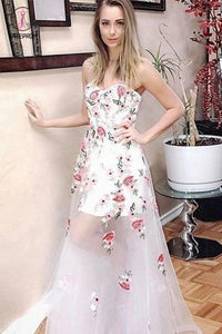 Ivory Floral Prints Sweetheart Strapless See Through Prom Dresses, Long Party Dress KPP0743