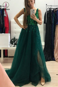 Dark Green Sparkly Prom Dress with Side Slit, A Line V Neck Tulle Long Party Dress KPP0745